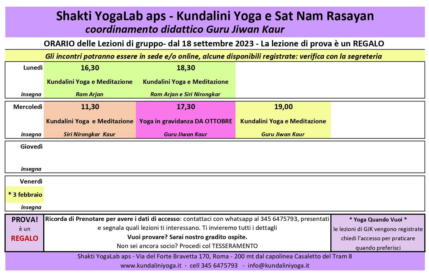 Orari delle attività 2024 - Shakti YogaLab Kundalini Yoga - Monteverde  Bravetta Casaletto Roma
